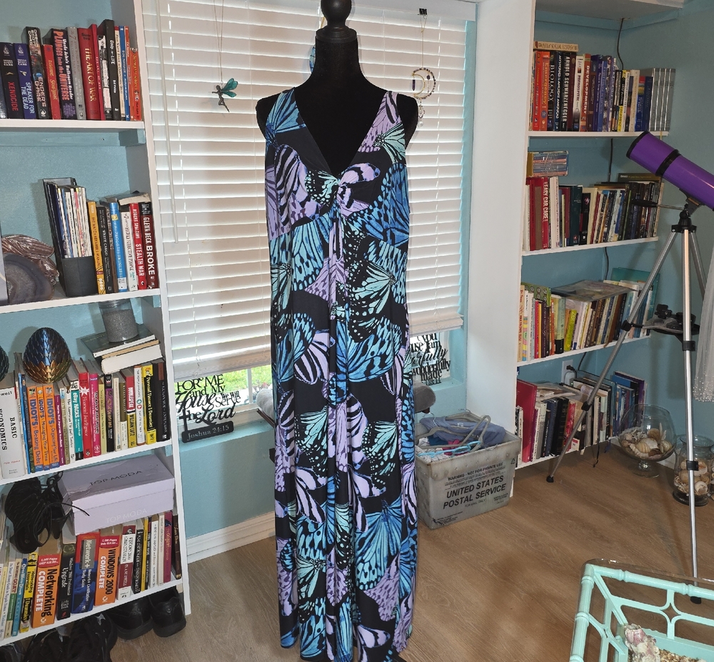 Sleeveless Maxi Dress with Butterfly Print in Black, Blue & Lilac